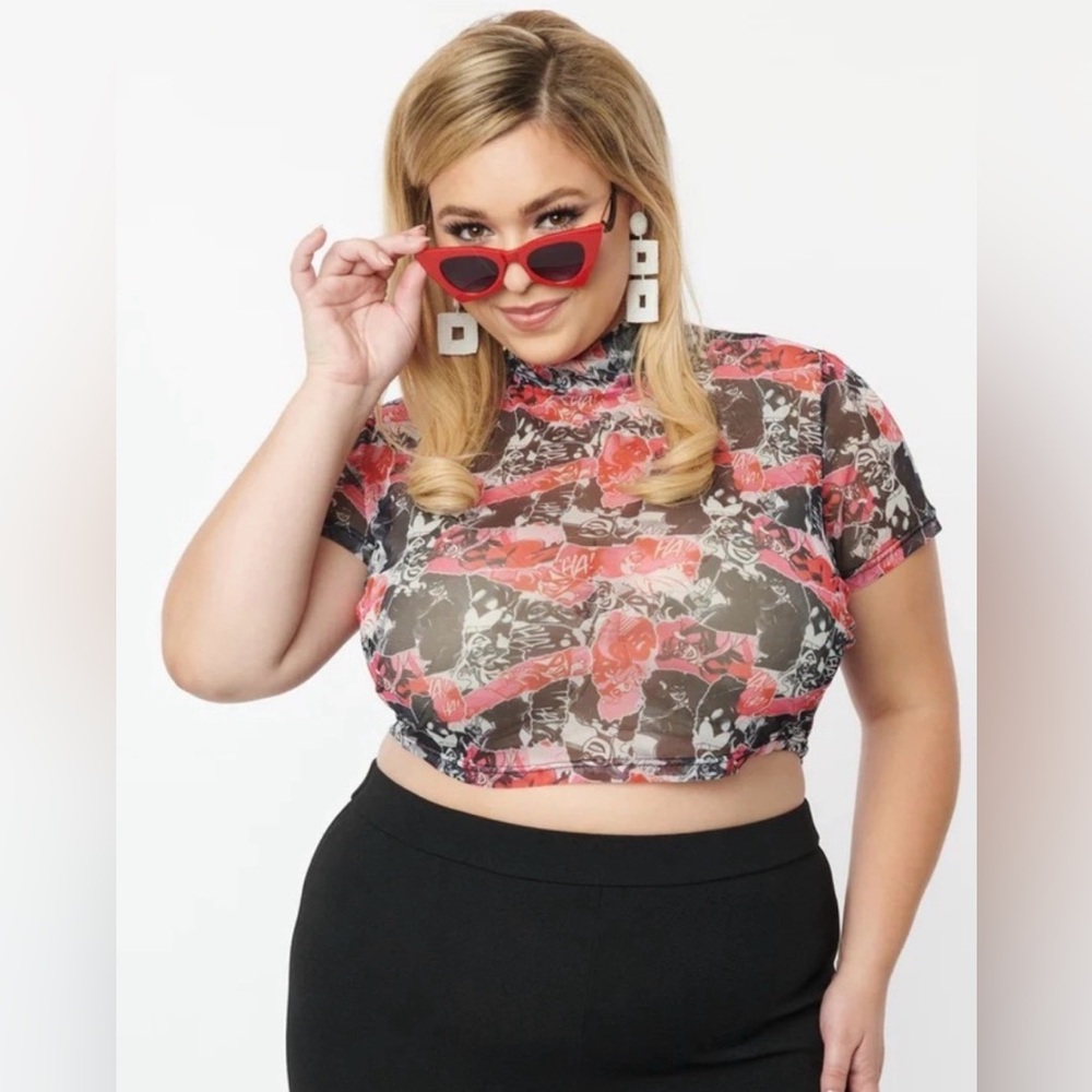 Smak Parlour Unique Vintage Harley Quinn DC Comic Print The Joker Mesh Crop Top